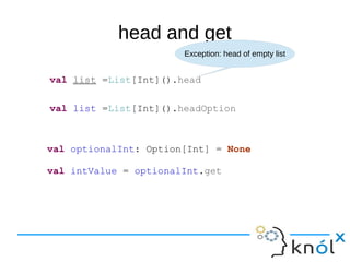 head and get
val list =List[Int]().head
Exception: head of empty list
val list =List[Int]().headOption
val optionalInt: Option[Int] = None
val intValue = optionalInt.get
 