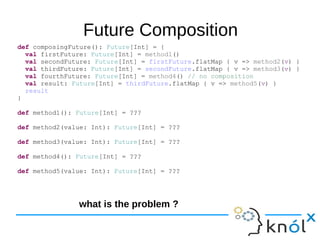 Future Composition
def composingFuture(): Future[Int] = {
val firstFuture: Future[Int] = method1()
val secondFuture: Future[Int] = firstFuture.flatMap { v => method2(v) }
val thirdFuture: Future[Int] = secondFuture.flatMap { v => method3(v) }
val fourthFuture: Future[Int] = method4() // no composition
val result: Future[Int] = thirdFuture.flatMap { v => method5(v) }
result
}
def method1(): Future[Int] = ???
def method2(value: Int): Future[Int] = ???
def method3(value: Int): Future[Int] = ???
def method4(): Future[Int] = ???
def method5(value: Int): Future[Int] = ???
what is the problem ?
 