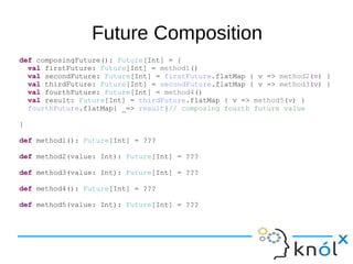 Future Composition
def composingFuture(): Future[Int] = {
val firstFuture: Future[Int] = method1()
val secondFuture: Future[Int] = firstFuture.flatMap { v => method2(v) }
val thirdFuture: Future[Int] = secondFuture.flatMap { v => method3(v) }
val fourthFuture: Future[Int] = method4()
val result: Future[Int] = thirdFuture.flatMap { v => method5(v) }
fourthFuture.flatMap{ _=> result}// composing fourth future value
}
def method1(): Future[Int] = ???
def method2(value: Int): Future[Int] = ???
def method3(value: Int): Future[Int] = ???
def method4(): Future[Int] = ???
def method5(value: Int): Future[Int] = ???
 