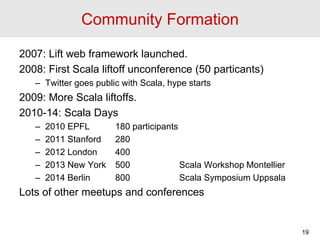 Community Formation
2007: Lift web framework launched.
2008: First Scala liftoff unconference (50 particants)
– Twitter go...