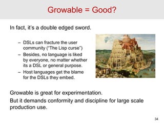 Growable = Good?
In fact, it’s a double edged sword.
– DSLs can fracture the user
community (“The Lisp curse”)
– Besides, ...