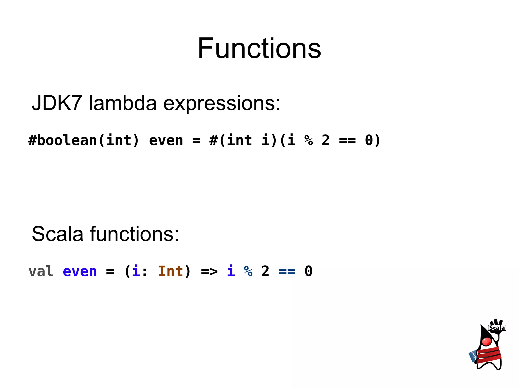 Methods def   sayHello ( name :  String ) { println ( &quot;Hello, &quot;   +   name ) } 