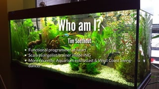 Who	am	I?
Tim	Soethout
Functional	programmer	at	heart
Scala	evangelist/trainer	inside	ING
More	recently:	Aquarium	enthusiast	&	West	Coast	Swing-
dancer
 