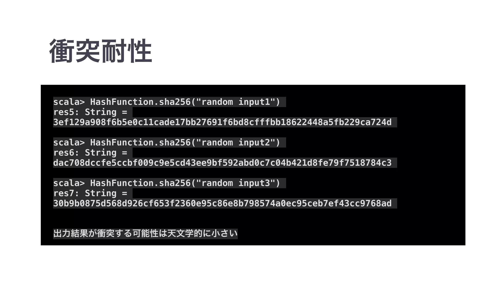 scala> HashFunction.sha256("random input1")
res5: String =
3ef129a908f6b5e0c11cade17bb27691f6bd8cfffbb18622448a5fb229ca724d
scala> HashFunction.sha256("random input2")
res6: String =
dac708dccfe5ccbf009c9e5cd43ee9bf592abd0c7c04b421d8fe79f7518784c3
scala> HashFunction.sha256("random input3")
res7: String =
30b9b0875d568d926cf653f2360e95c86e8b798574a0ec95ceb7ef43cc9768ad
 