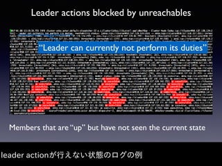 Leader actions blocked by unreachables
leader actionが⾏えない状態のログの例
Members that are “up” but have not seen the current state
“Leader can currently not perform its duties”
 