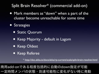 Split Brain Resolver* (commercial add-on)
• Mark members as “down” when a part of the
cluster become unreachable for some time
• Strategies
• Static Quorum
• Keep Majority - default in Lagom
• Keep Oldest
• Keep Referee
* http://doc.akka.io/docs/akka/rp-current/scala/split-brain-resolver.html
商⽤add-onである程度包括的に⾃動のdown指定が可能
⼀定時間メンバの状態・到達可能性に変化がない時に発動
 