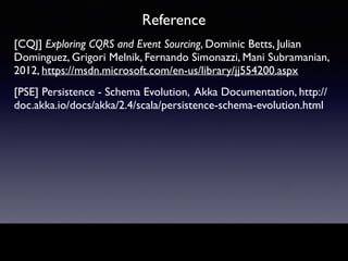 Reference
[CQJ] Exploring CQRS and Event Sourcing, Dominic Betts, Julian
Dominguez, Grigori Melnik, Fernando Simonazzi, Mani Subramanian,
2012, https://msdn.microsoft.com/en-us/library/jj554200.aspx
[PSE] Persistence - Schema Evolution, Akka Documentation, http://
doc.akka.io/docs/akka/2.4/scala/persistence-schema-evolution.html
 