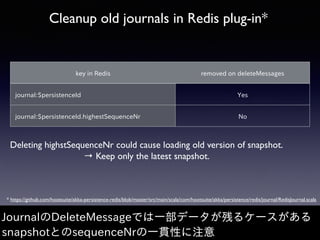 Cleanup old journals in Redis plug-in*
JournalのDeleteMessageでは⼀部データが残るケースがある
snapshotとのsequenceNrの⼀貫性に注意
key in Redis remo...