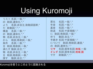 Using Kuromoji
Kuromojiを使うとこのように認識される
厚生 名詞,一般,*,*
年金 名詞,一般,*,*
基金 名詞,一般,*,*
脱退 名詞,サ変接続,*,*
に 助詞,格助詞,一般,*
伴う 動詞,自立,*,*
手続き...