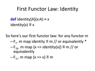 First Functor Law: Identity
  def identity[A](x:A) = x
  identity(x) ≡ x

So here's our first functor law: for any functor m
   – F1. m map identity ≡ m // or equivalently *
   – F1b. m map {x => identity(x)} ≡ m // or
     equivalently
   – F1c. m map {x => x} ≡ m
 