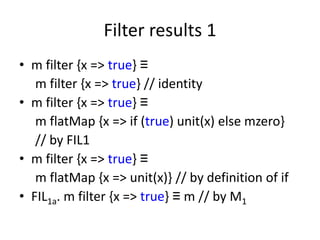Filter results 1
• m filter {x => true} ≡
   m filter {x => true} // identity
• m filter {x => true} ≡
   m flatMap {x => if (true) unit(x) else mzero}
   // by FIL1
• m filter {x => true} ≡
   m flatMap {x => unit(x)} // by definition of if
• FIL1a. m filter {x => true} ≡ m // by M1
 