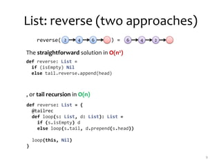 List: reverse (two approaches)
9
42 6 46 2reverse( ) =
def reverse: List =
if (isEmpty) Nil
else tail.reverse.append(head)
, or tail recursion in O(n)
The straightforward solution in O(n2)
def reverse: List = {
@tailrec
def loop(s: List, d: List): List =
if (s.isEmpty) d
else loop(s.tail, d.prepend(s.head))
loop(this, Nil)
}
 