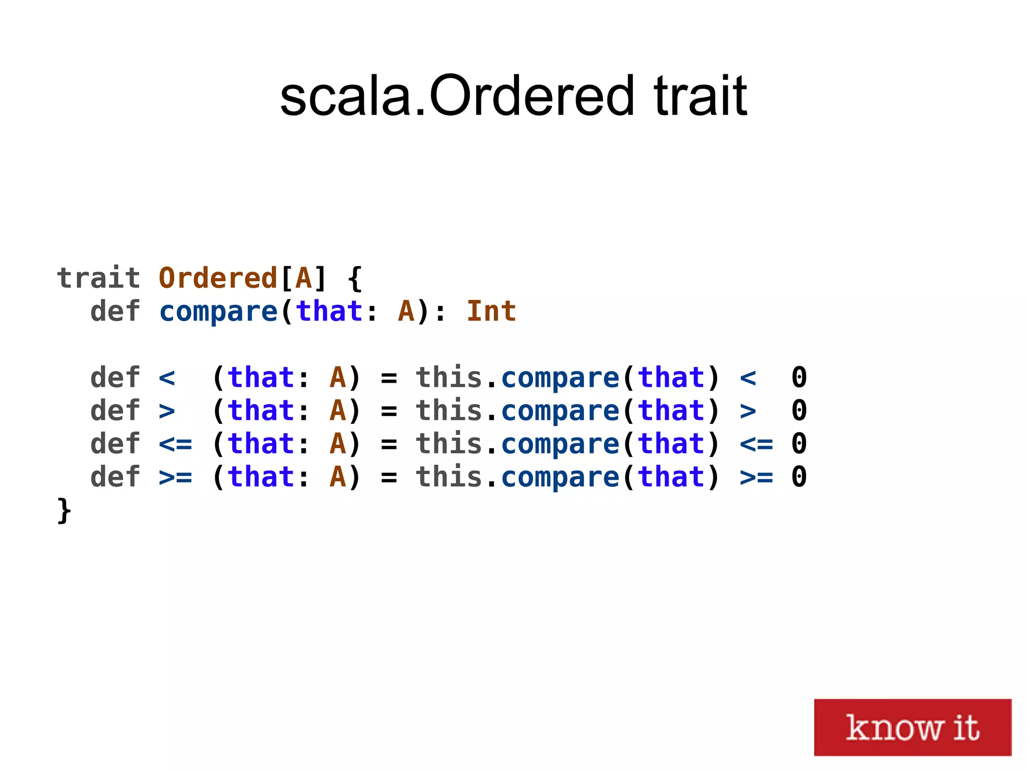 scala.Ordered trait
trait Ordered[A] {
def compare(that: A): Int
def < (that: A) = this.compare(that) < 0
def > (that: A) = this.compare(that) > 0
def <= (that: A) = this.compare(that) <= 0
def >= (that: A) = this.compare(that) >= 0
}
 