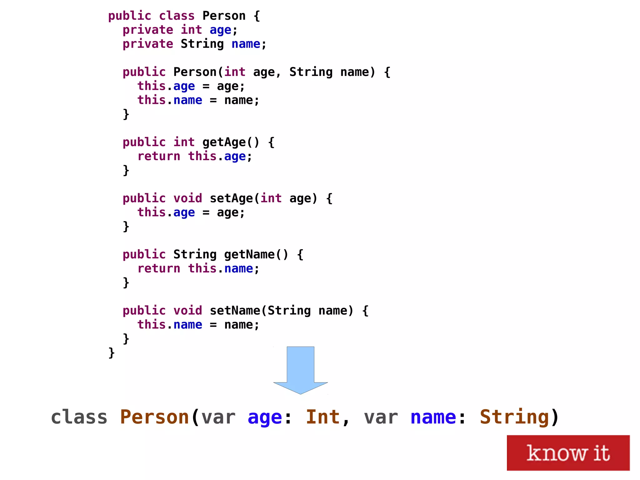 public class Person {
private int age;
private String name;
public Person(int age, String name) {
this.age = age;
this.name = name;
}
public int getAge() {
return this.age;
}
public void setAge(int age) {
this.age = age;
}
public String getName() {
return this.name;
}
public void setName(String name) {
this.name = name;
}
}
class Person(var age: Int, var name: String)
 