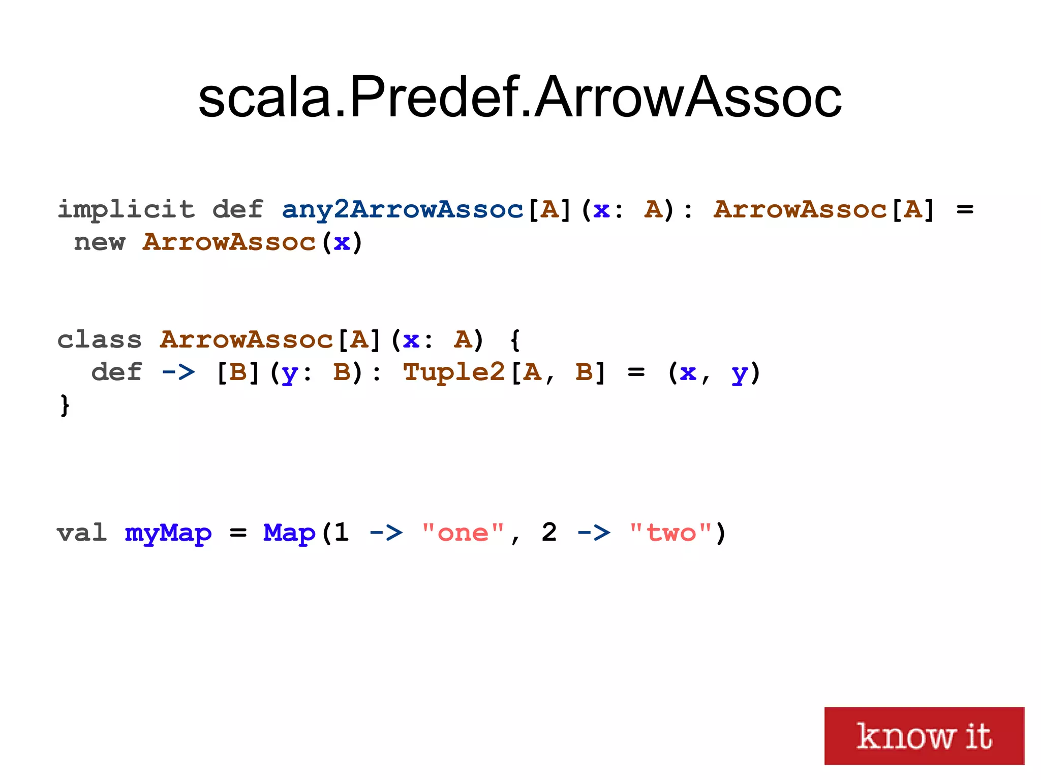 scala.Predef.ArrowAssoc
implicit def any2ArrowAssoc[A](x: A): ArrowAssoc[A] =
new ArrowAssoc(x)
class ArrowAssoc[A](x: A) {
def -> [B](y: B): Tuple2[A, B] = (x, y)
}
val myMap = Map(1 -> "one", 2 -> "two")
 