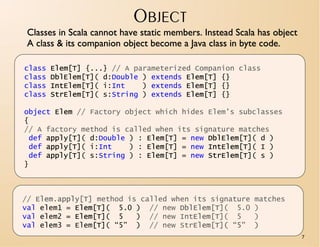 OBJECT
 Classes in Scala cannot have static members. Instead Scala has object
 A class & its companion object become a Java class in byte code.

class   Elem[T] {...} // A parameterized Companion class
class   DblElem[T]( d:Double ) extends Elem[T] {}
class   IntElem[T]( i:Int    ) extends Elem[T] {}
class   StrElem[T]( s:String ) extends Elem[T] {}

object Elem // Factory object which hides Elem’s subclasses
{
// A factory method is called when its signature matches
 def apply[T]( d:Double ) : Elem[T] = new DblElem[T]( d )
 def apply[T]( i:Int    ) : Elem[T] = new IntElem[T]( I )
 def apply[T]( s:String ) : Elem[T] = new StrElem[T]( s )
}



// Elem.apply[T] method is called when its signature       matches
val elem1 = Elem[T]( 5.0 ) // new DblElem[T]( 5.0          )
val elem2 = Elem[T]( 5    ) // new IntElem[T]( 5           )
val elem3 = Elem[T]( “5” ) // new StrElem[T]( “5”          )
                                                                         7
 