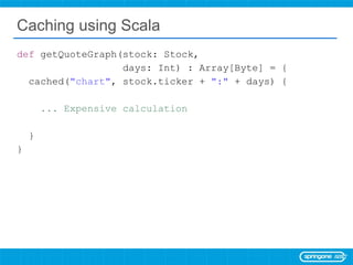 Caching using Scala  def  getQuoteGraph(stock: Stock,  days: Int) : Array[Byte] = { cached( &quot;chart&quot; , stock.ticker +  &quot;:&quot;  + days) { ... Expensive calculation  } } 