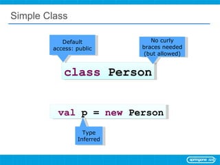 Simple Class class  Person val  p =  new  Person Type Inferred Default access: public No curly braces needed (but allowed) 