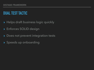 DISTAGE FRAMEWORK
DUAL TEST TACTIC
▸ Helps draft business logic quickly
▸ Enforces SOLID design
▸ Does not prevent integration tests
▸ Speeds up onboarding
 