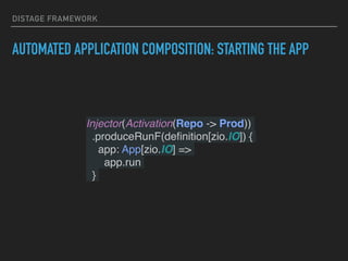 DISTAGE FRAMEWORK
AUTOMATED APPLICATION COMPOSITION: STARTING THE APP
Injector(Activation(Repo -> Prod))
.produceRunF(deﬁn...