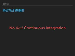 ISSUES
WHAT WAS WRONG?
No Real Continuous Integration
 