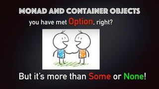 monad and container objects
you have met Option, right?
But it’s more than Some or None!
 