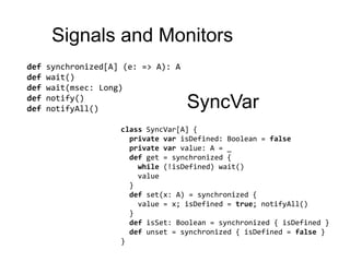 Signals and Monitorsdefsynchronized[A] (e: => A): Adefwait()defwait(msec: Long)defnotify()defnotifyAll()SyncVarclass SyncVar[A] {  private var isDefined: Boolean = false  private varvalue: A = _defget = synchronized {    while (!isDefined) wait()    value  }defset(x: A) = synchronized {    value = x; isDefined = true; notifyAll()  }defisSet: Boolean = synchronized { isDefined }defunset = synchronized { isDefined= false }}