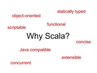 statically typedobject-orientedfunctionalscriptableWhy Scala?conciseJava compatibleextensibleconcurrent