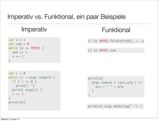 Imperativ vs. Funktional, ein paar Beispiele
                         Imperativ          Funktional
         var x = 1                   (1 to 9999).foldLeft(0)(_ + _)
         var sum = 0
         while (x <= 9999) {
                                     (1 to 9999).sum
           sum += x
           x += 1
         }



         var i = 0
         while (i < args.length) {   println(
           if ( i != 0 )               args reduce ( (acc,arg ) =>
             print(" ")                  acc + " " + arg
           print( args(i) )            )
           i += 1                    )
         }
         println()
                                     println( args.mkString(" ") )



Mittwoch, 18. April 12
 