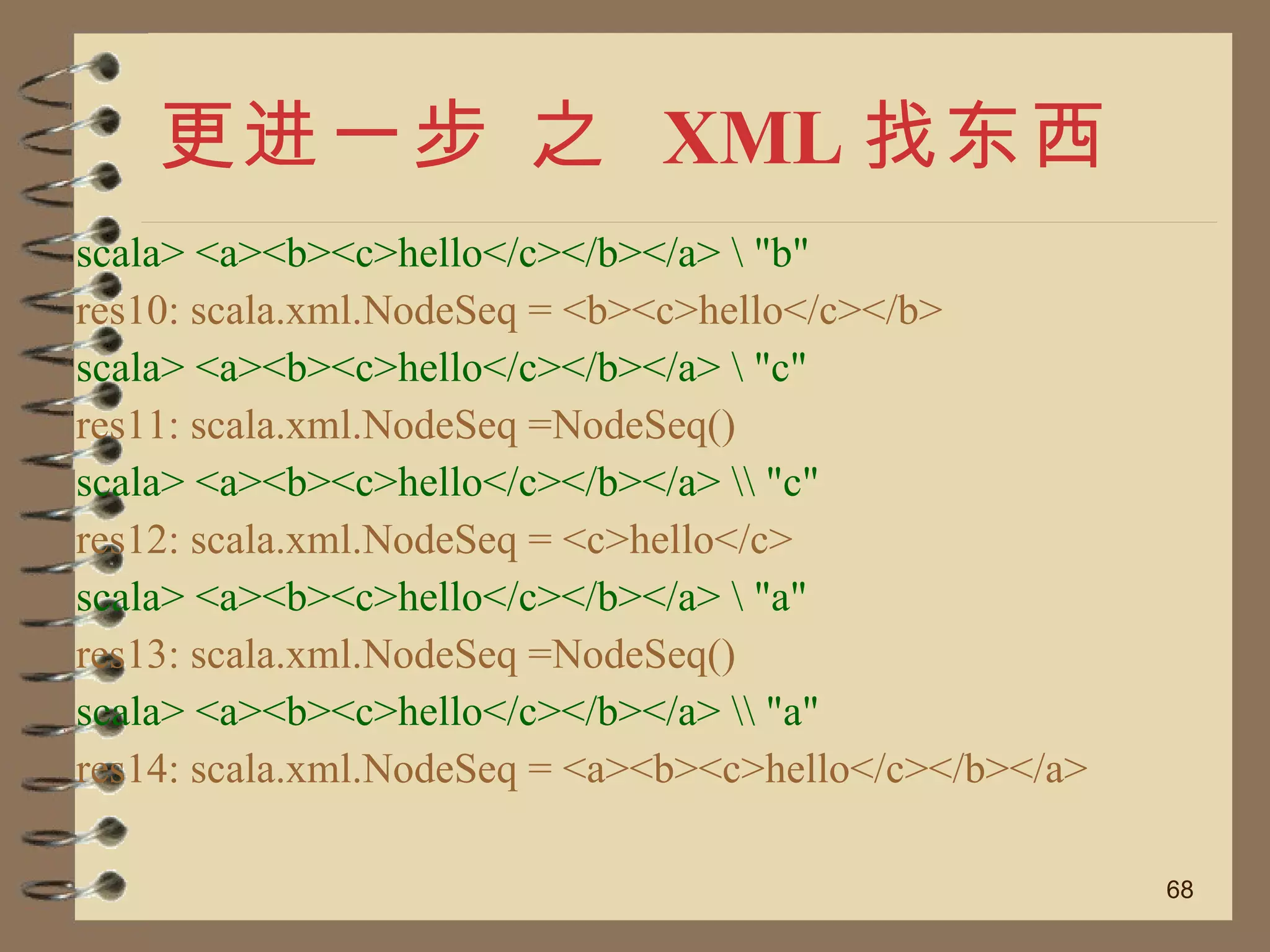 更进一步 之  XML 找东西 scala> <a><b><c>hello</c></b></a> \ "b" res10: scala.xml.NodeSeq = <b><c>hello</c></b> scala> <a><b><c>hello</c></b></a> \ "c" res11: scala.xml.NodeSeq =NodeSeq() scala> <a><b><c>hello</c></b></a> \\ "c" res12: scala.xml.NodeSeq = <c>hello</c> scala> <a><b><c>hello</c></b></a> \ "a" res13: scala.xml.NodeSeq =NodeSeq() scala> <a><b><c>hello</c></b></a> \\ "a" res14: scala.xml.NodeSeq = <a><b><c>hello</c></b></a> 