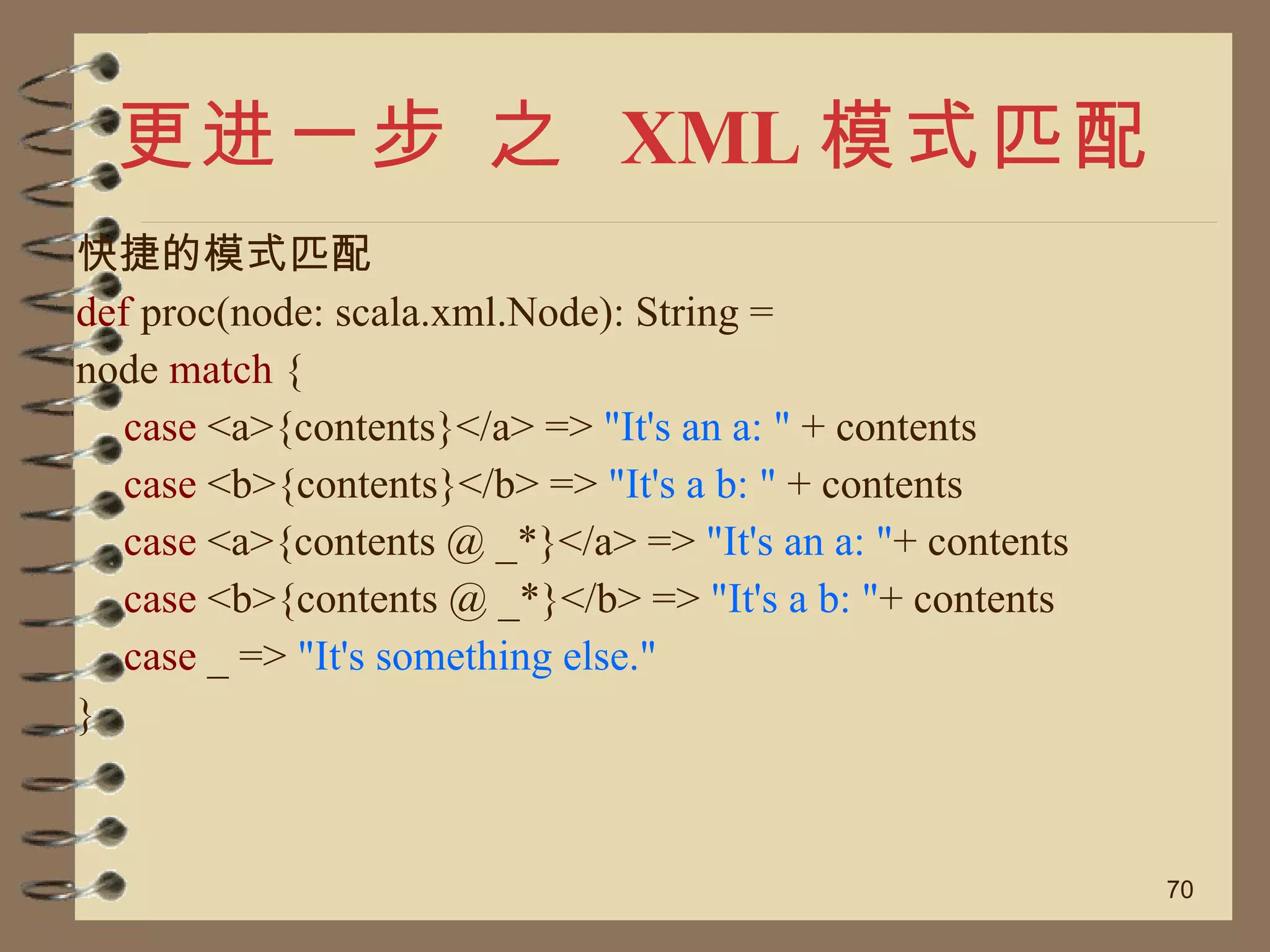 更进一步 之  XML 模式匹配 快捷的模式匹配 def  proc(node: scala.xml.Node): String = node  match  { case  <a>{contents}</a> =>  "It's an a: "  + contents case  <b>{contents}</b> =>  "It's a b: "  + contents case  <a>{contents @ _*}</a> =>  "It's an a: " + contents case  <b>{contents @ _*}</b> =>  "It's a b: " + contents case  _ =>  "It's something else." } 