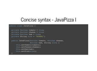 Concise syntax - JavaPizza I
public class JavaPizza {
private Boolean tomato = true;
private Boolean cheese = true;
private Boolean ham = true;
private String size = "NORMAL";
public JavaPizza(Boolean tomato, Boolean cheese,
Boolean ham, String size) {
this.setTomato(tomato);
this.setCheese(cheese);
this.setHam(ham);
this.setSize(size);
}
 