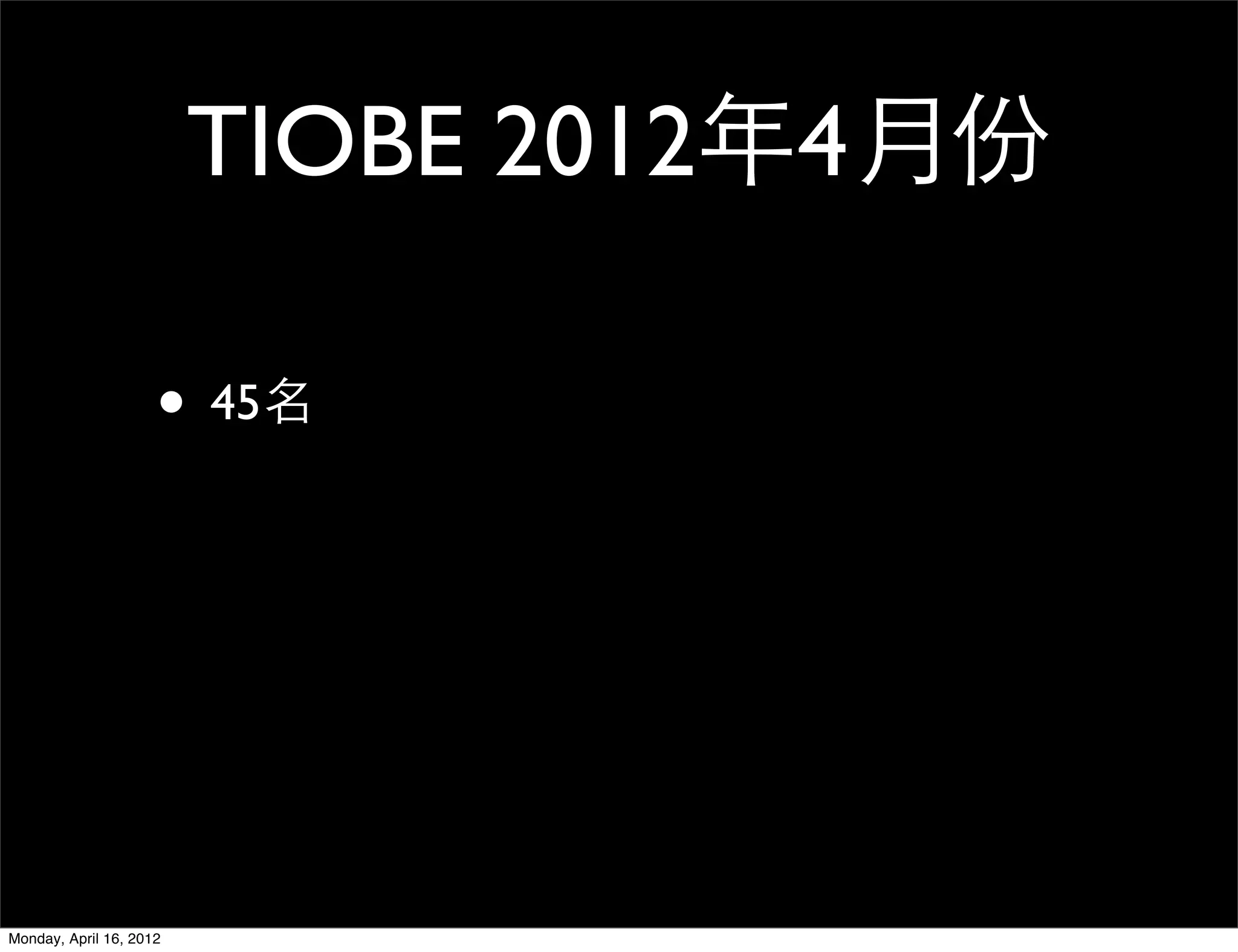 TIOBE 2012年4月份

                     • 45名




Monday, April 16, 2012
 