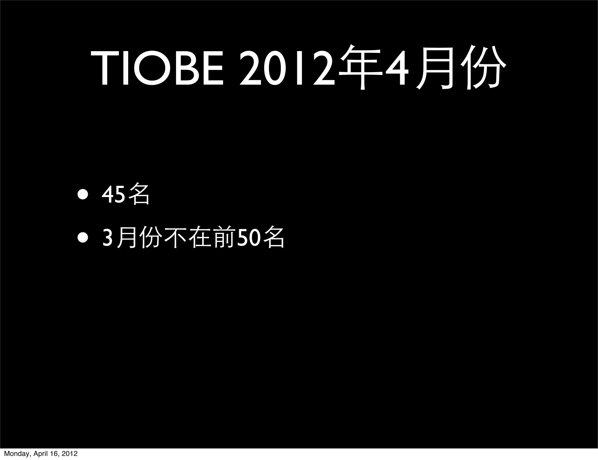 TIOBE 2012年4月份

                     • 45名
                     • 3月份不在前50名



Monday, April 16, 2012
 
