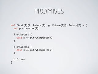 PROMISES
def first[T](f: Future[T], g: Future[T]): Future[T] = {
  val p = promise[T]

    f onSuccess {
      case x => p.tryComplete(x)
    }

    g onSuccess {
      case x => p.tryComplete(x)
    }

    p.future
}
 
