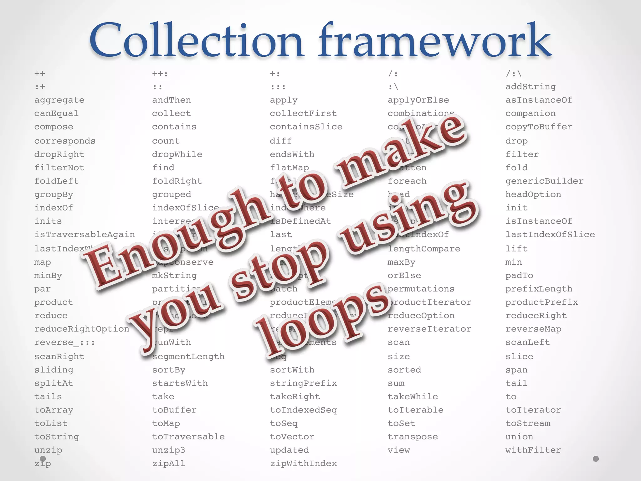 ++
            Collection  framework	
                     ++:             +:                 /:                /:                !
:+                   ::              :::                :                addString          !
aggregate            andThen         apply              applyOrElse       asInstanceOf       !
canEqual             collect         collectFirst       combinations      companion          !
compose              contains        containsSlice      copyToArray       copyToBuffer       !
corresponds          count           diff               distinct          drop               !
dropRight            dropWhile       endsWith           exists            filter             !
filterNot            find            flatMap            flatten           fold               !
foldLeft             foldRight       forall             foreach           genericBuilder     !
groupBy              grouped         hasDefiniteSize    head              headOption         !
indexOf              indexOfSlice    indexWhere         indices           init               !
inits                intersect       isDefinedAt        isEmpty           isInstanceOf       !
isTraversableAgain   iterator        last               lastIndexOf       lastIndexOfSlice   !
lastIndexWhere       lastOption      length             lengthCompare     lift               !
map                  mapConserve     max                maxBy             min                !
minBy                mkString        nonEmpty           orElse            padTo              !
par                  partition       patch              permutations      prefixLength       !
product              productArity    productElement     productIterator   productPrefix      !
reduce               reduceLeft      reduceLeftOption   reduceOption      reduceRight        !
reduceRightOption    repr            reverse            reverseIterator   reverseMap         !
reverse_:::          runWith         sameElements       scan              scanLeft           !
scanRight            segmentLength   seq                size              slice              !
sliding              sortBy          sortWith           sorted            span               !
splitAt              startsWith      stringPrefix       sum               tail               !
tails                take            takeRight          takeWhile         to                 !
toArray              toBuffer        toIndexedSeq       toIterable        toIterator         !
toList               toMap           toSeq              toSet             toStream           !
toString             toTraversable   toVector           transpose         union              !
unzip                unzip3          updated            view              withFilter         !
zip                  zipAll          zipWithIndex !
 