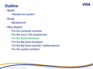 35Intro to Spark: Intro to Scala | 7/9/2014
Outline
• Spark
– Hadoop eco system
• Scala
– Background
• Why Scala?
– For the computer scientist
– For the Java / OO programmer
– For the Spark developer
– For the Big Data developer
– For the Big Data scientist / mathematician
– For the system architect
 