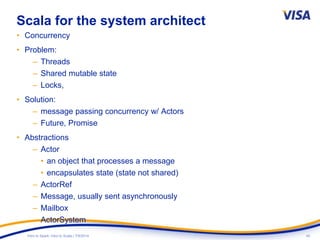 42Intro to Spark: Intro to Scala | 7/9/2014
Scala for the system architect
• Concurrency
• Problem:
– Threads
– Shared mutable state
– Locks,
• Solution:
– message passing concurrency w/ Actors
– Future, Promise
• Abstractions
– Actor
• an object that processes a message
• encapsulates state (state not shared)
– ActorRef
– Message, usually sent asynchronously
– Mailbox
– ActorSystem
 