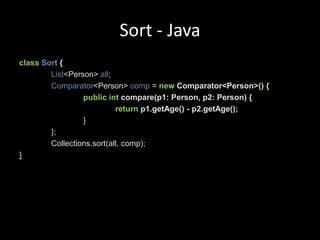 Sort - JavaclassSort{List<Person>all;Comparator<Person>comp=new Comparator<Person>(){publicint compare(p1: Person, p2: Person){return p1.getAge()- p2.getAge();}};Collections.sort(all, comp);}