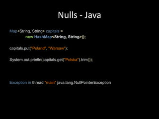 Nulls - JavaMap<String, String>capitals=newHashMap<String, String>();capitals.put("Poland","Warsaw");System.out.println(capitals.get("Polska").trim());Exceptionin thread "main"java.lang.NullPointerException