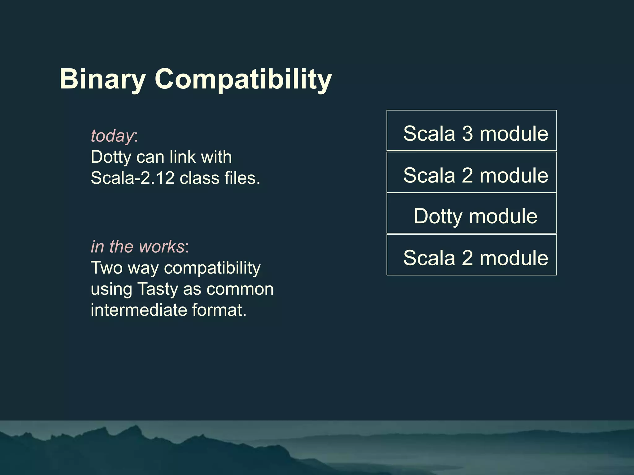 Binary Compatibility
today:
Dotty can link with
Scala-2.12 class files.
Scala 2 module
Dotty module
in the works:
Two way compatibility
using Tasty as common
intermediate format.
Scala 2 module
Scala 3 module
 