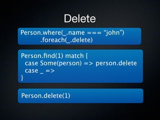 Delete
Person.where(_.name === “john”)
      .foreach(_.delete)

Person.ﬁnd(1) match {
  case Some(person) => person.delete
  case _ =>
}

Person.delete(1)
 