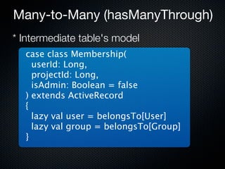 Many-to-Many (hasManyThrough)
* Intermediate table's model
  case class Membership(
    userId: Long,
    projectId: Long,
    isAdmin: Boolean = false
  ) extends ActiveRecord
  {
    lazy val user = belongsTo[User]
    lazy val group = belongsTo[Group]
  }
 