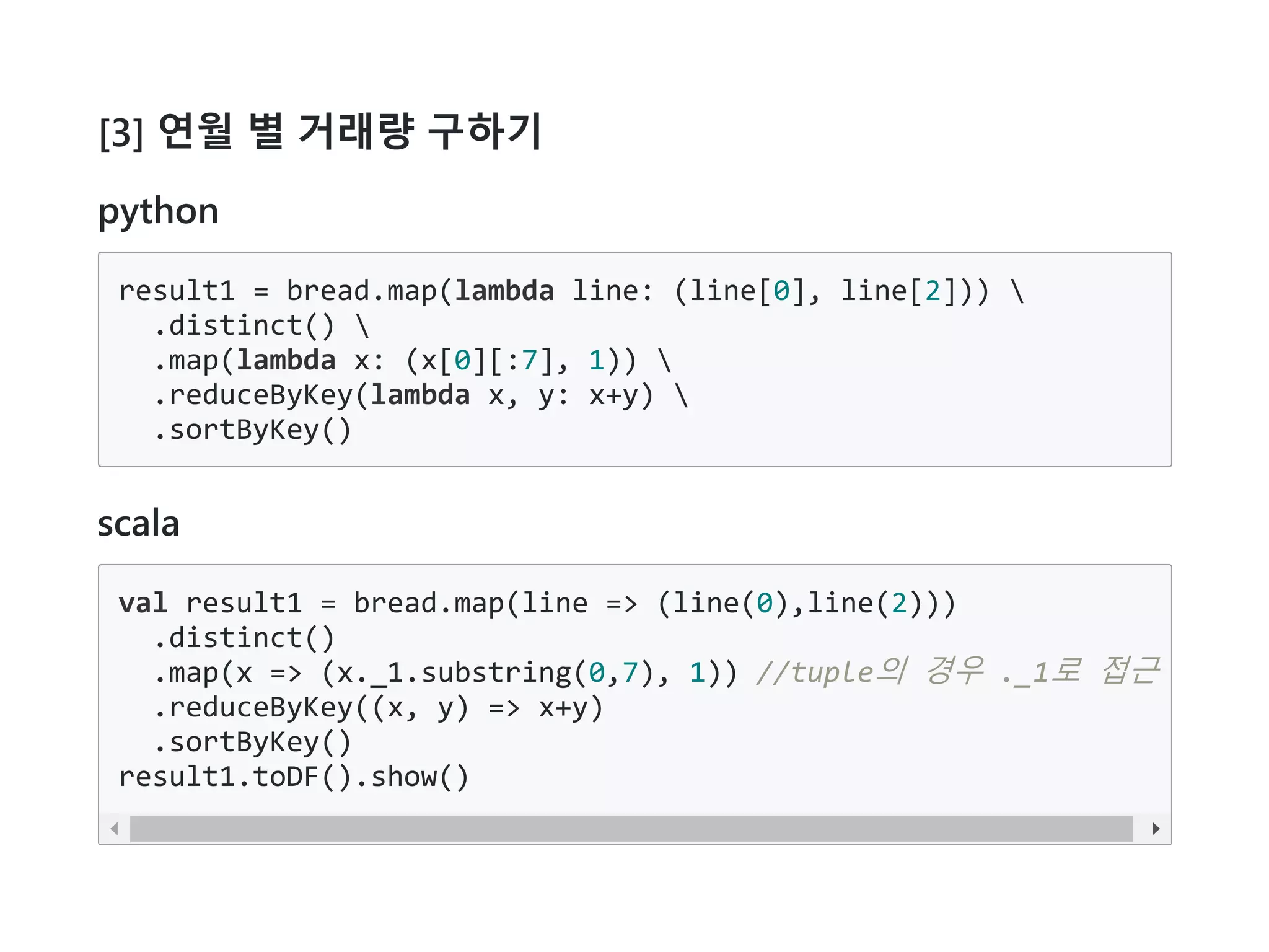 [3] 연월 별 거래량 구하기
python
result1 = bread.map(lambda line: (line[0], line[2])) 
.distinct() 
.map(lambda x: (x[0][:7], 1)) 
.reduceByKey(lambda x, y: x+y) 
.sortByKey()
scala
val result1 = bread.map(line => (line(0),line(2)))
.distinct()
.map(x => (x._1.substring(0,7), 1)) //tuple의 경우 ._1로 접근
.reduceByKey((x, y) => x+y)
.sortByKey()
result1.toDF().show()
 