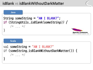 isBlank vs isBlankWithoutDarkMatter

    Java

String someString = "AM I BLANK?";
if (StringUtils.isBlank(someString)) {
    /* ... */
}


    Scala

val someString = "AM I BLANK?"
if (someString.isBlankWithoutDarkMatter()) {
    /* ... */
}
 