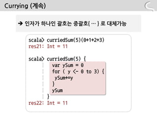 Currying (계속)

     읶자가 하나읶 괄호는 중괄호{ … } 로 대체가능


       scala> curriedSum(5)(0+1+2+3)
       res21: Int = 11

       scala> curriedSum(5) {
            |   var ySum = 0
            |   for ( y <- 0 to 3) {
            |     ySum+=y
            |   }
            |   ySum
            | }
       res22: Int = 11
 