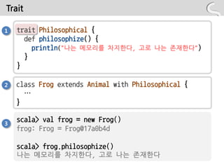 Trait

1   trait Philosophical {
      def philosophize() {
        println("나는 메모리를 차지한다, 고로 나는 존재한다")
      }
    }

2   class Frog extends Animal with Philosophical {
      …
    }

    scala> val frog = new Frog()
3
    frog: Frog = Frog@17a0b4d

    scala> frog.philosophize()
    나는 메모리를 차지한다, 고로 나는 존재한다
 