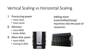 Vertical	Scaling	vs	Horizontal	Scaling
1. Processing	power
• more	cores
• more	cache
2. Memory
• more	RAM
• better	RAMs
3. More	disk	space
• more	HDDS
• moving	to	SSDs
Adding	more	
(commodity/cheap)	
machines	into	the	pool	of	
resources.
 