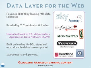Data Layer for the Web
Founded (2009) by leading MIT data
scientists

Funded by Y Combinator & Avalon

Global network of 20+ data centers
-- Application Data Network (ADN)

Built on leading NoSQL standard:
most durable data store on planet

10,000 users and growing.

         Cloudant: Akamai of dynamic content
                            Cloudant, 9-26-2012   9
 