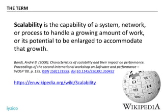 THE TERM
Scalability is the capability of a system, network,
or process to handle a growing amount of work,
or its potential to be enlarged to accommodate
that growth.
Bondi, André B. (2000). Characteristics of scalability and their impact on performance.
Proceedings of the second international workshop on Software and performance –
WOSP '00. p. 195. ISBN 158113195X. doi:10.1145/350391.350432
https://en.wikipedia.org/wiki/Scalability
 